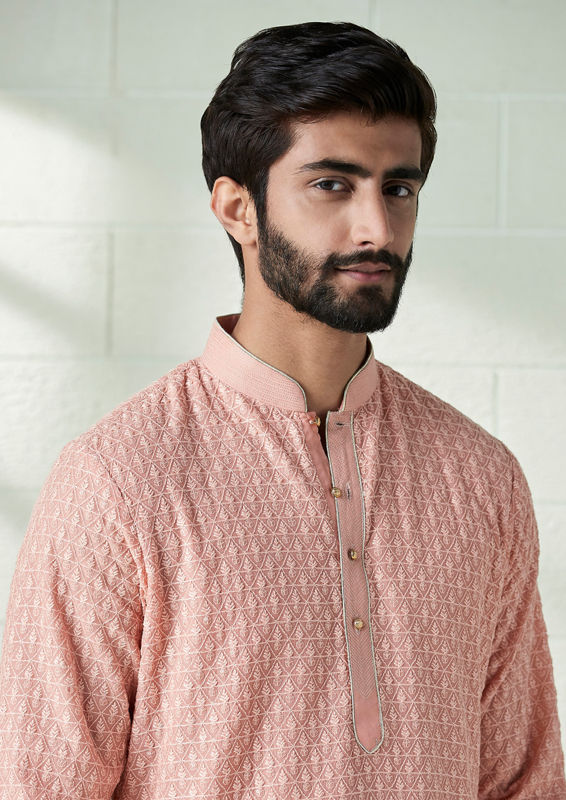 Twamev Men Melon Pink Chikankari Embroidered Kurta Set image number 0