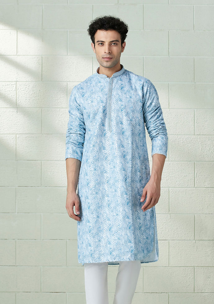 Twamev Men Sky Blue Printed Chikankari Kurta Set image number 1