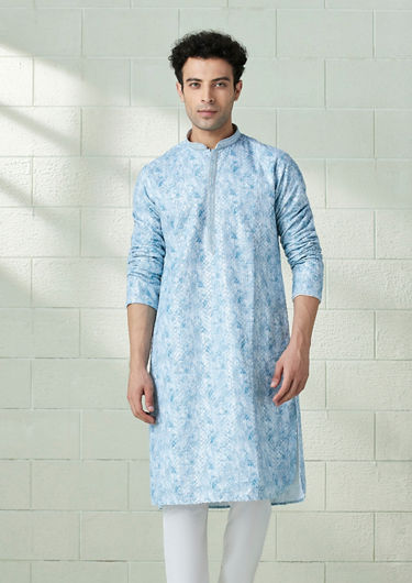 alt message - Twamev Men Sky Blue Printed Chikankari Kurta Set image number 1