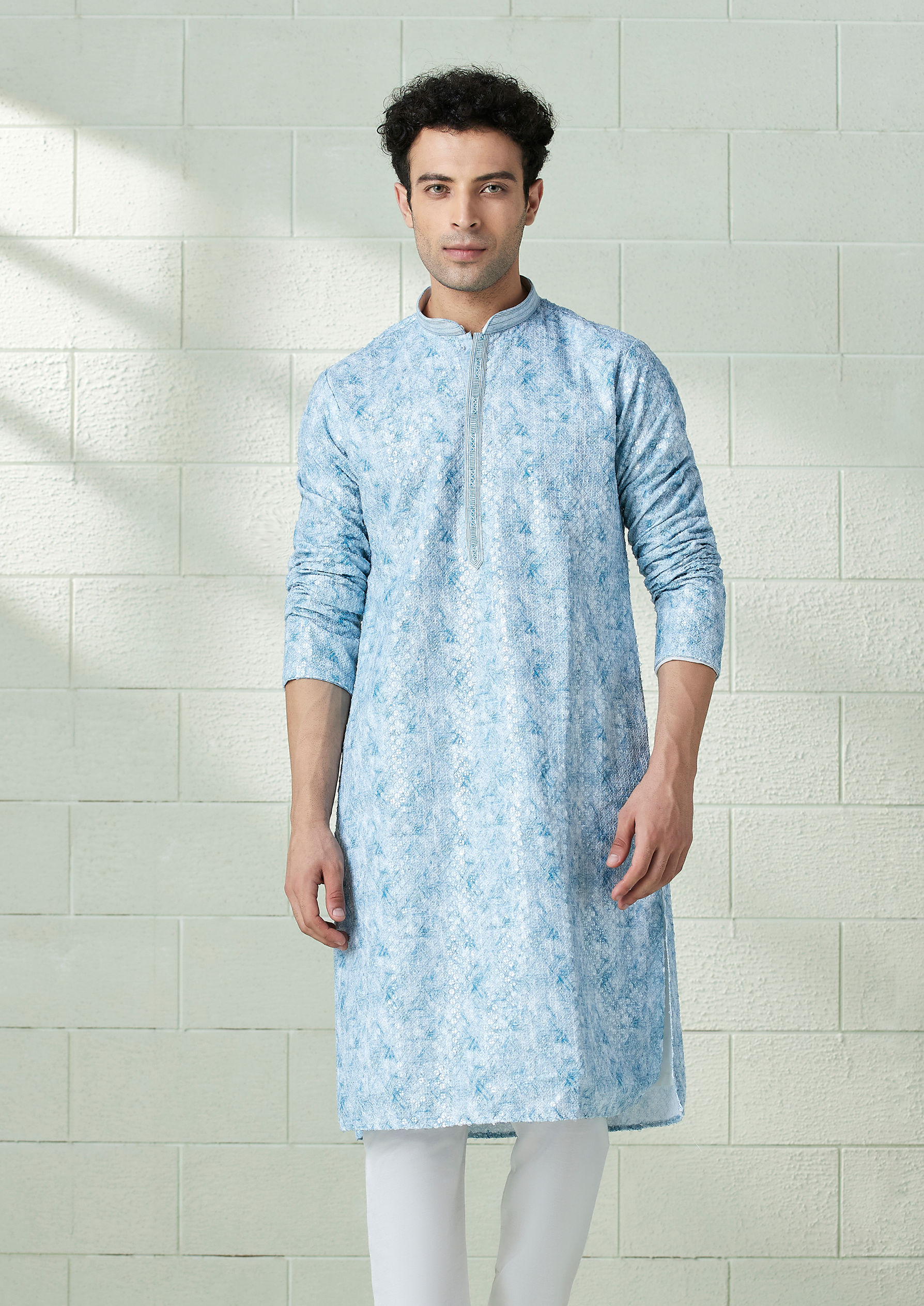 Twamev Men Sky Blue Printed Chikankari Kurta Set