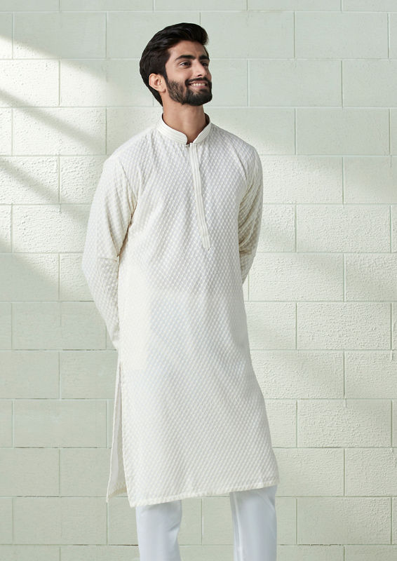 Twamev Men Ivory White Chikankari Embroidered Kurta Set