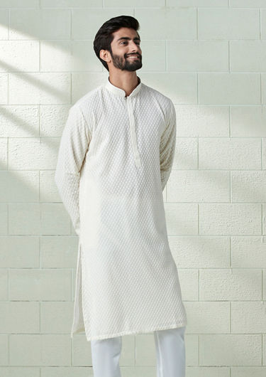 alt message - Twamev Men Ivory White Chikankari Embroidered Kurta Set image number 1