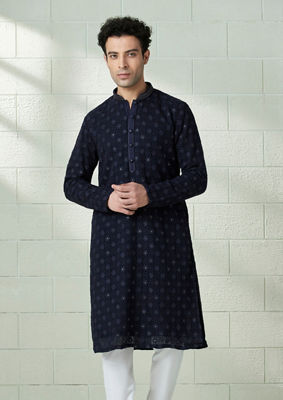 alt message - Twamev Men Midnight Blue Chikankari Embroidered Kurta Set image number 0