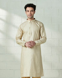 Twamev Men Biscuit Gold Self Patterned Kurta Set
