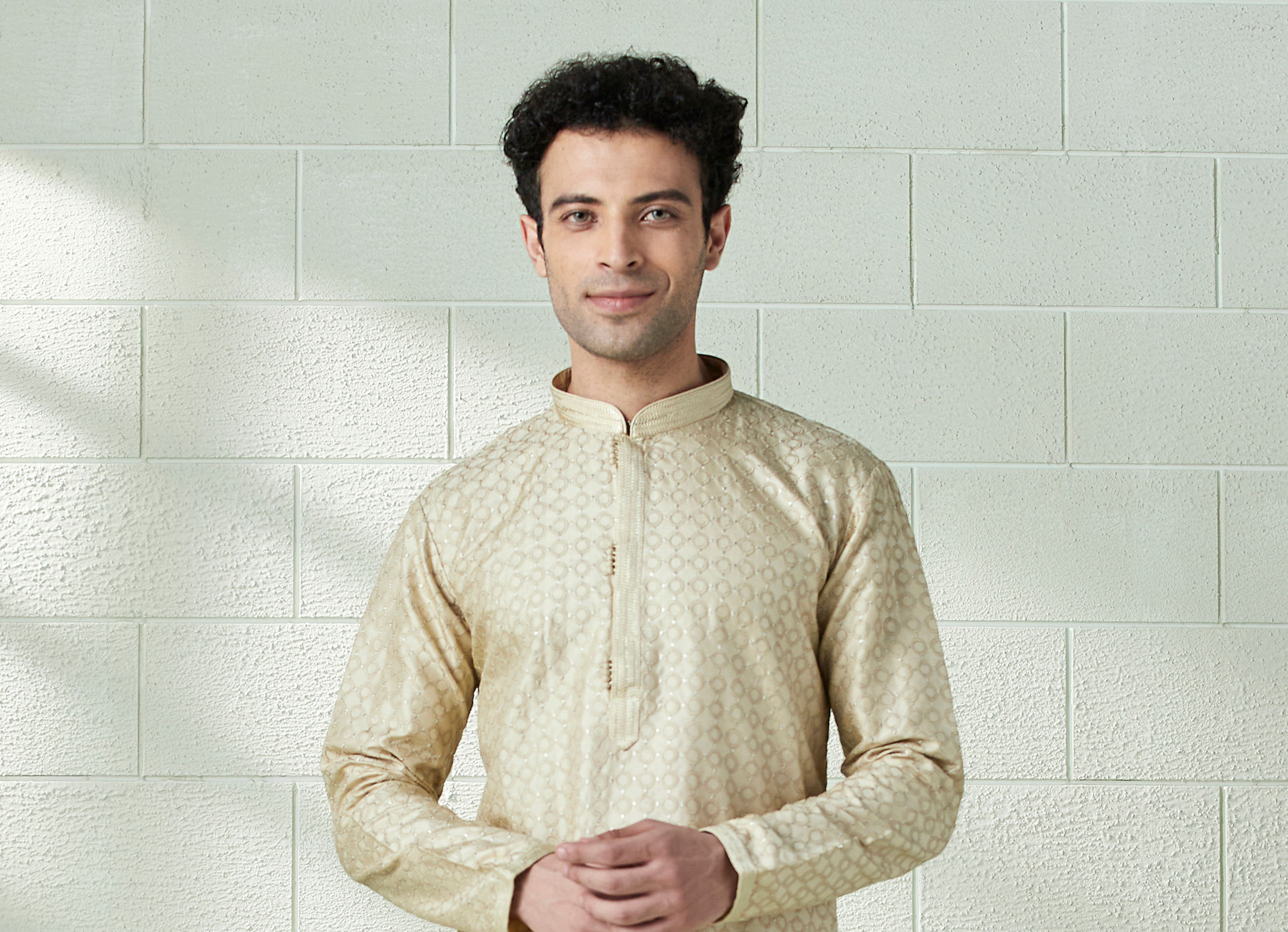 Twamev Men Biscuit Gold Self Patterned Kurta Set