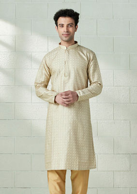 alt message - Twamev Men Biscuit Gold Self Patterned Kurta Set image number 1