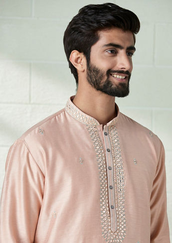 alt message - Twamev Men Peony Pink Mirror Work Kurta Set image number 0