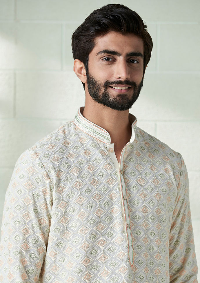 Twamev Men Dove White Chikankari Embroidered Kurta Set