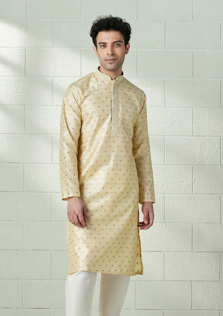 Twamev Men Buttermilk Yellow Brocade Kurta Set
