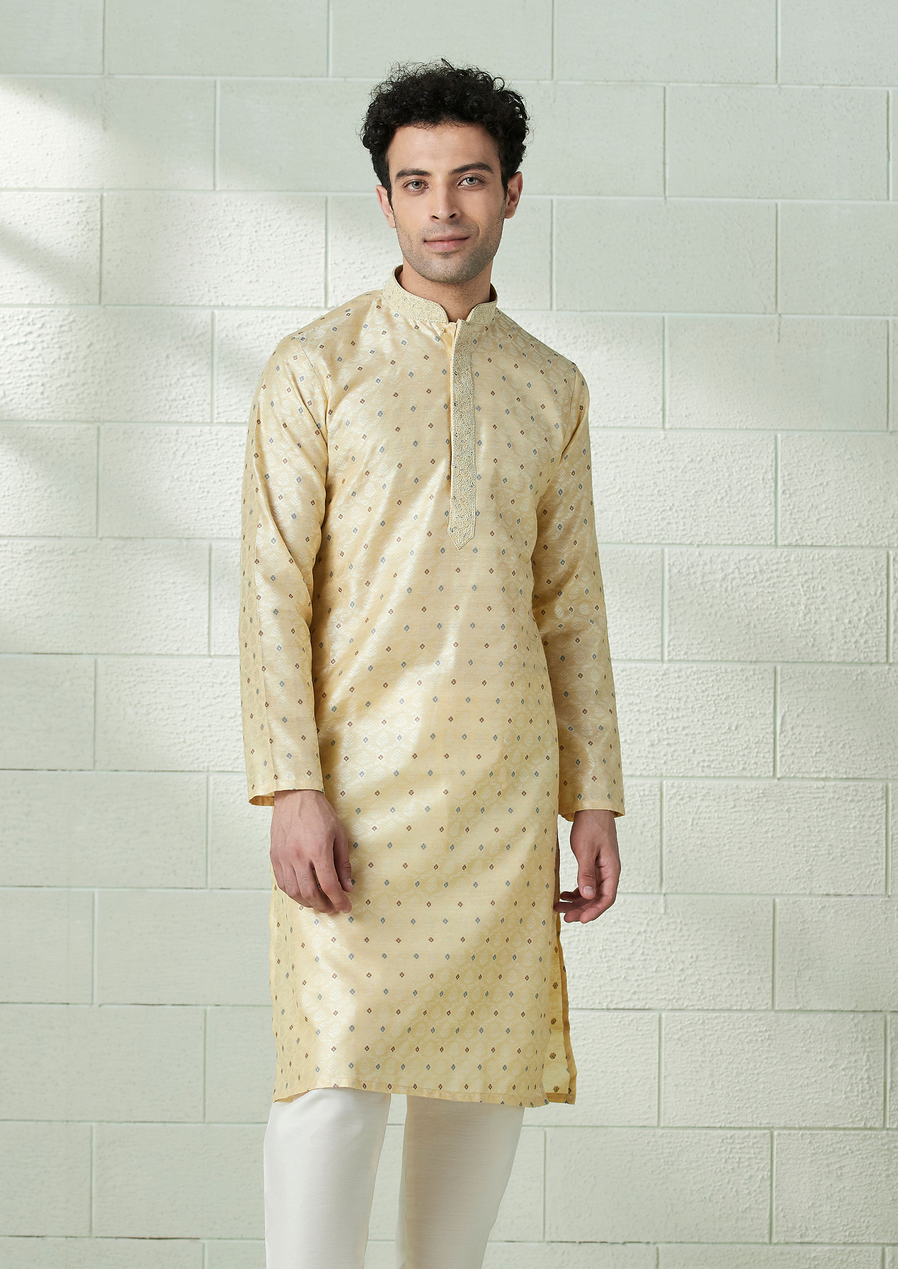 Twamev Men Buttermilk Yellow Brocade Kurta Set