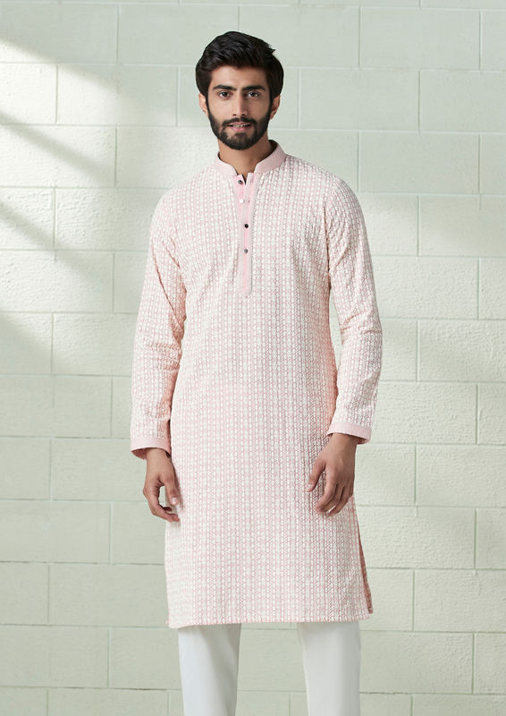 Twamev Men Rosewater Pink Embroidered Kurta Set