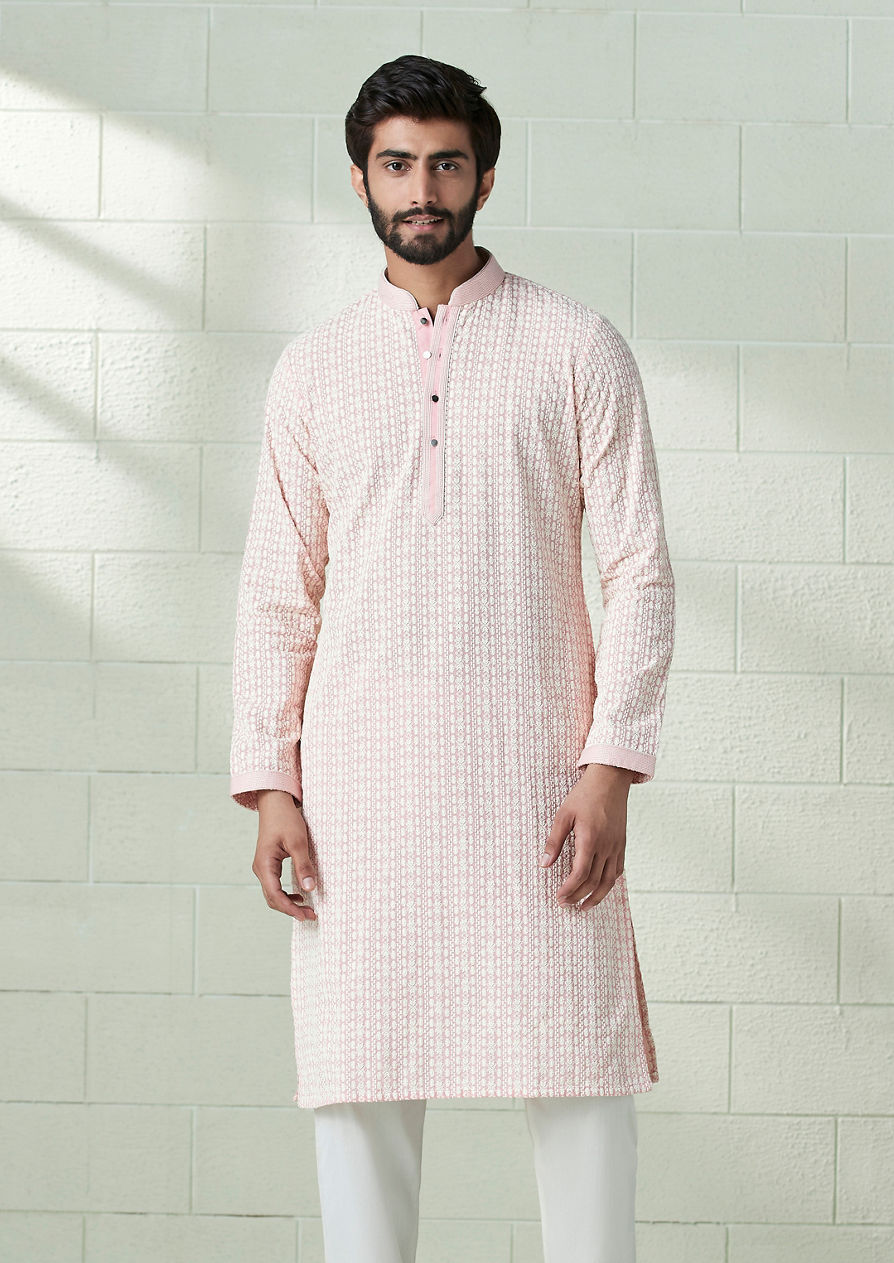 alt message - Twamev Men Rosewater Pink Embroidered Kurta Set image number 1