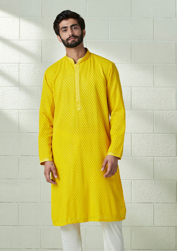 Twamev Men Marigold Orange Chikankari Kurta Set image number 1