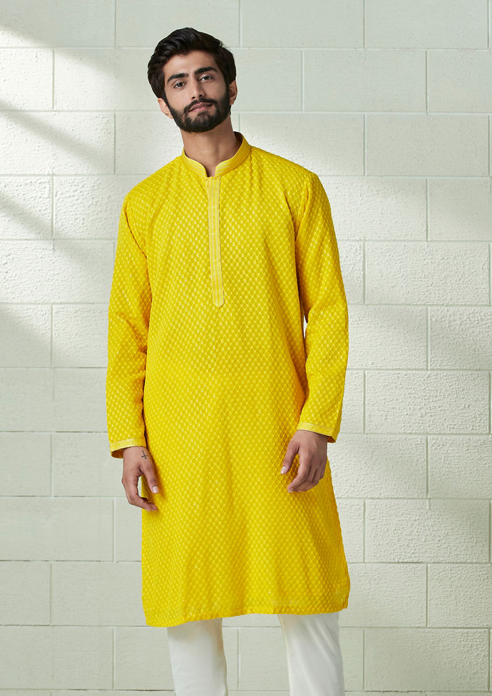 Twamev Men Marigold Orange Chikankari Kurta Set