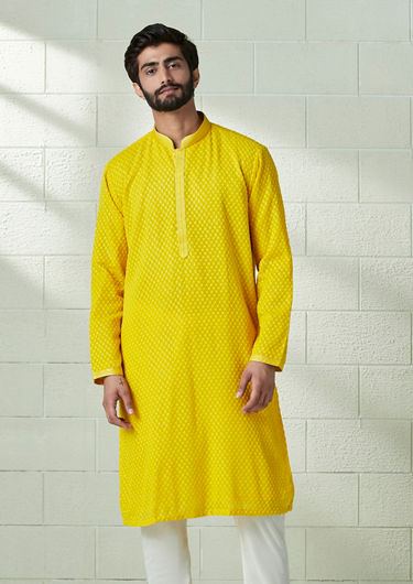 alt message - Twamev Men Marigold Orange Chikankari Kurta Set image number 1