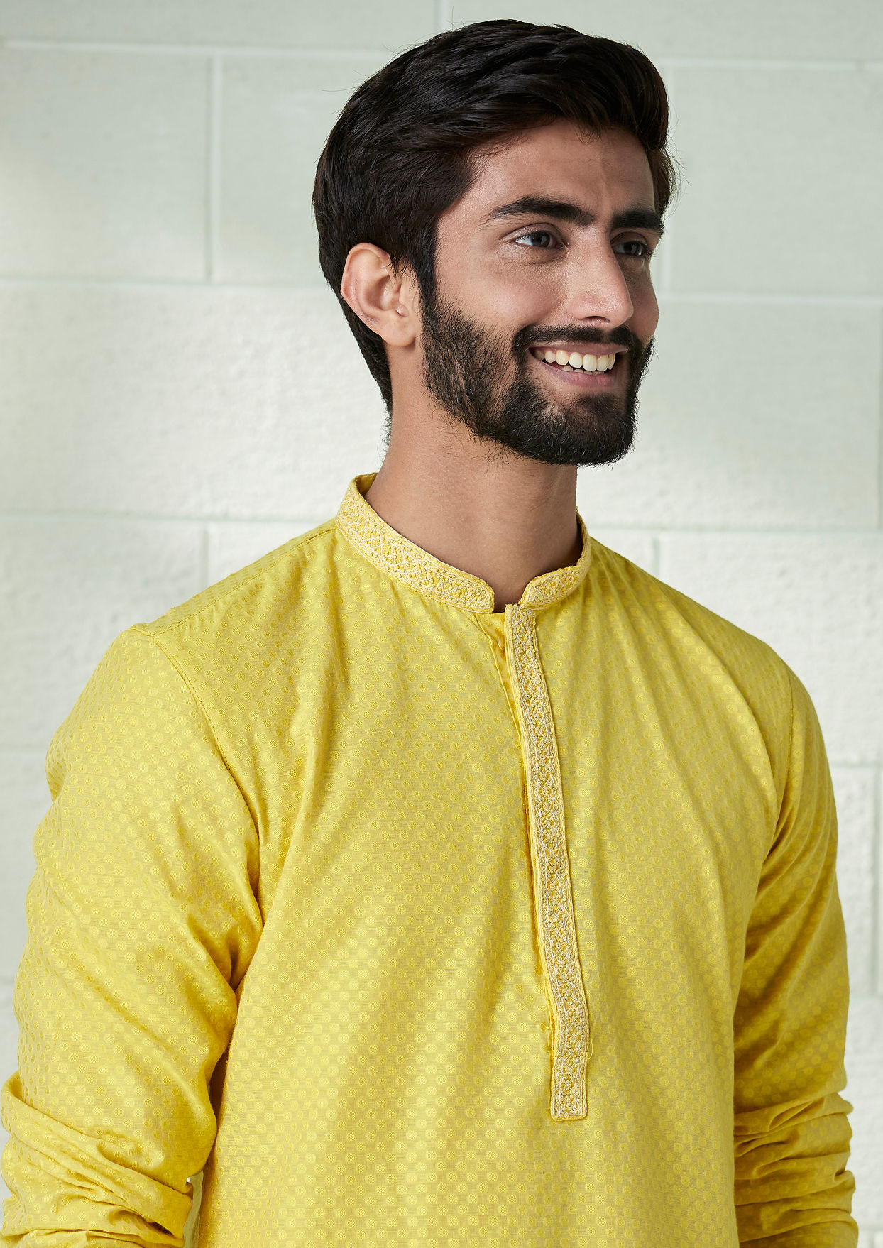 alt message - Twamev Men Canary Yellow Self Patterned Kurta Set image number 0