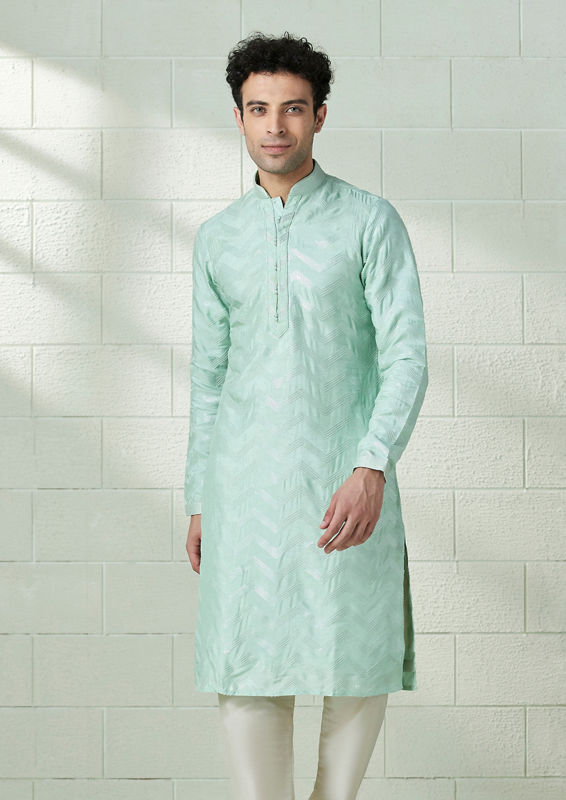 Twamev Men Seafoam Green Chevron Patterned Kurta Set