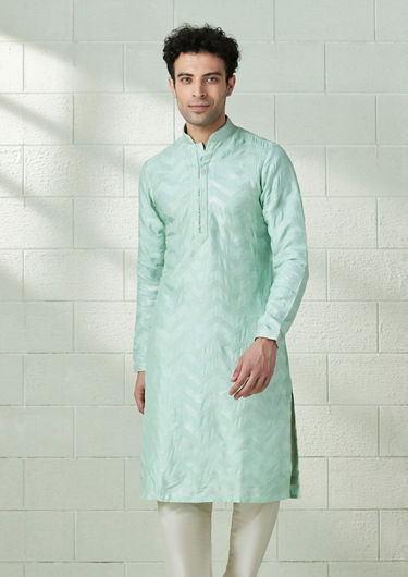 alt message - Twamev Men Seafoam Green Chevron Patterned Kurta Set image number 1