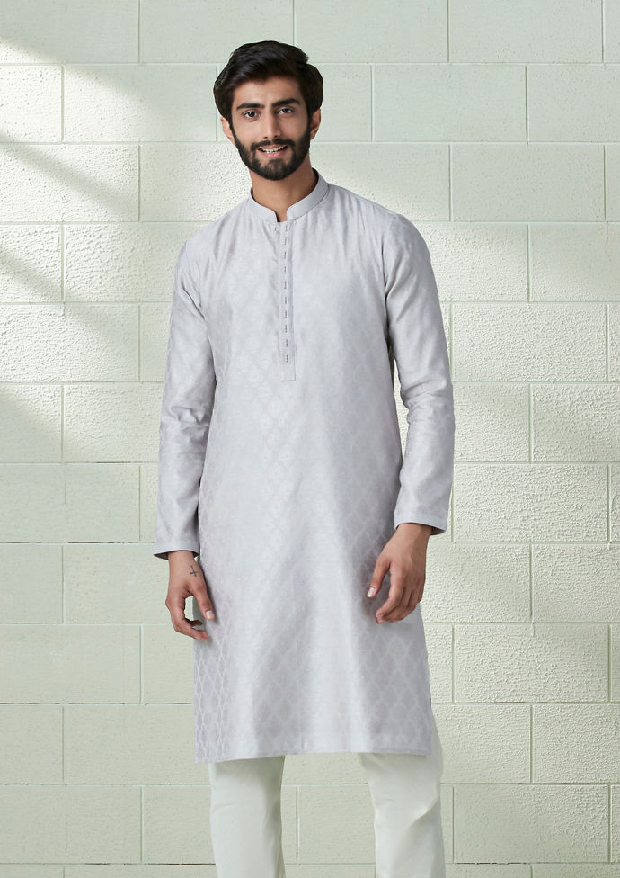 Twamev Men Cloud Silver Grey Self Pattern Kurta Set