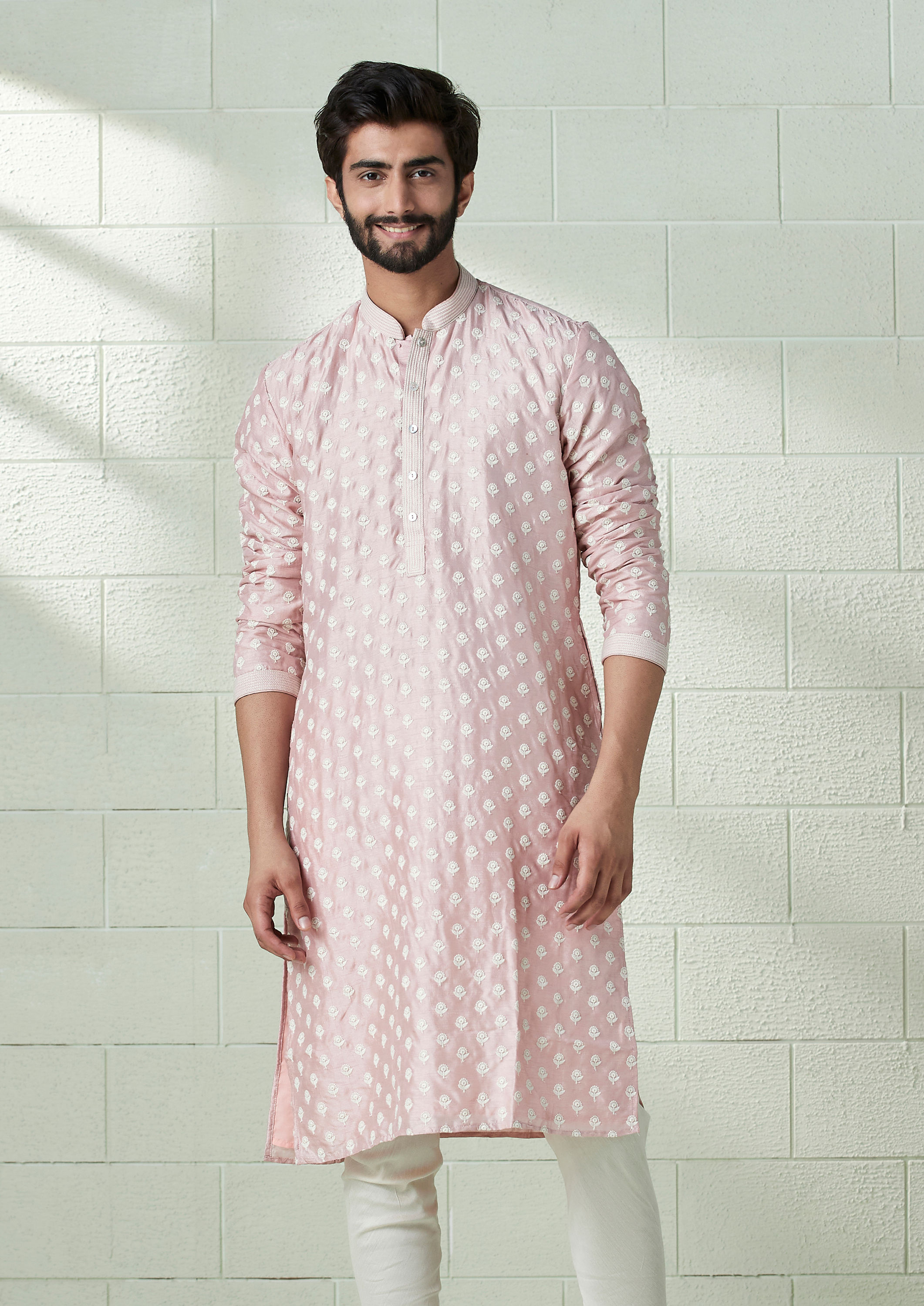 Twamev Men Carnation Pink Floral Motif Kurta Set image number 1