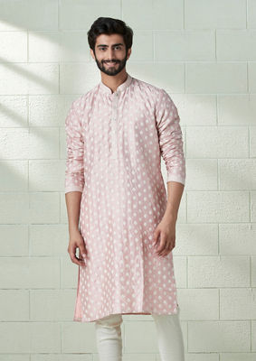 alt message - Twamev Men Carnation Pink Floral Motif Kurta Set image number 1