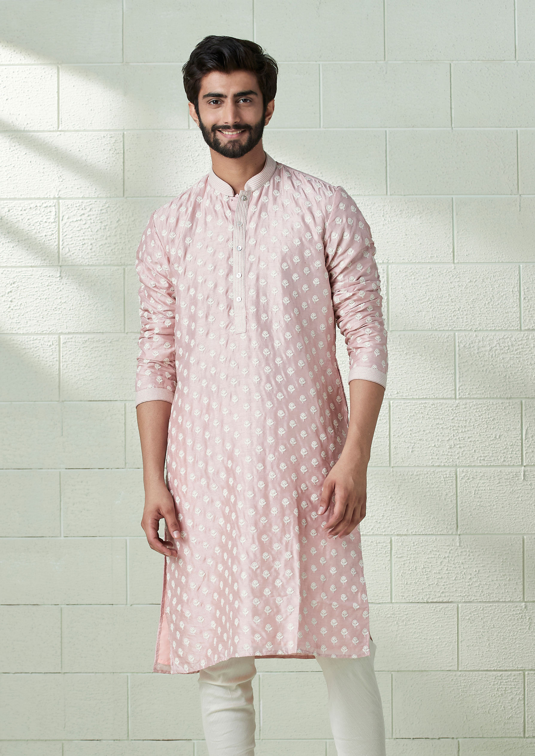 Twamev Men Carnation Pink Floral Motif Kurta Set image number 1