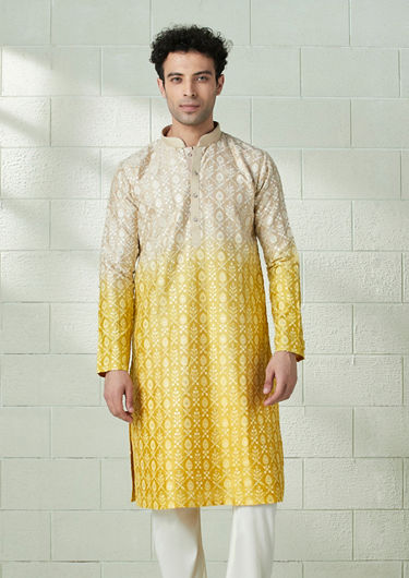 alt message - Twamev Men Beige and Yellow Ombre Effect Mirror Work Kurta Set image number 1