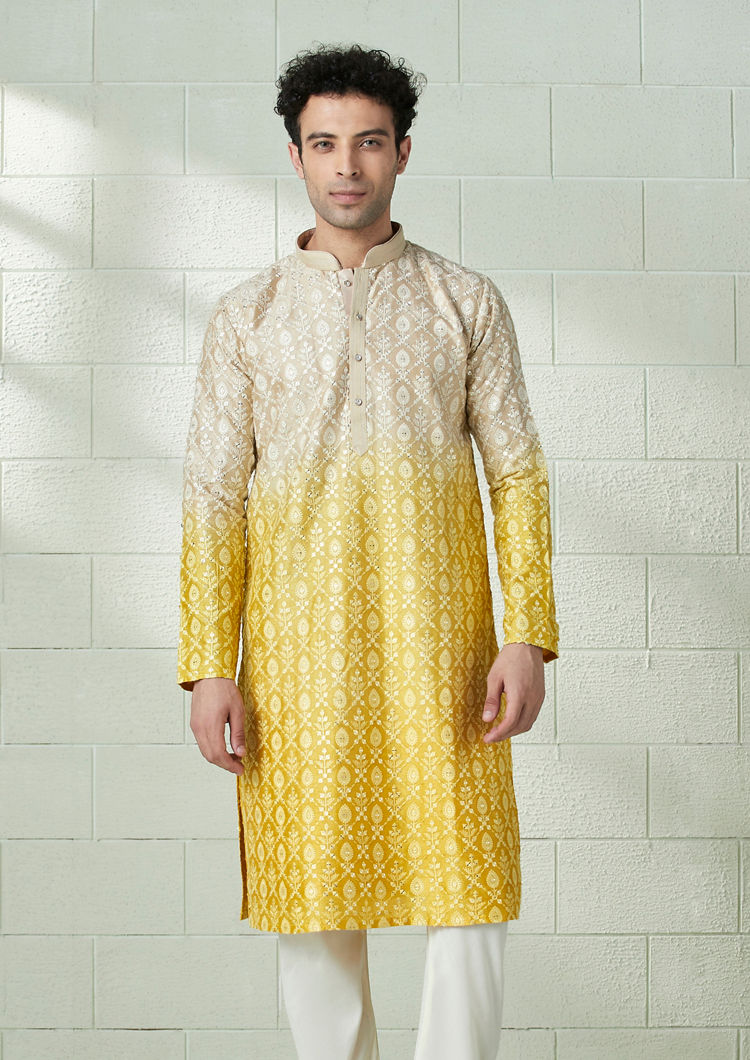Twamev Men Beige and Yellow Ombre Effect Mirror Work Kurta Set