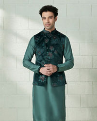 Manyavar Men Moss Green Printed Kurta Jacket Set