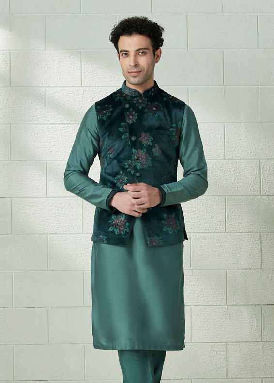 Manyavar Men Moss Green Printed Kurta Jacket Set