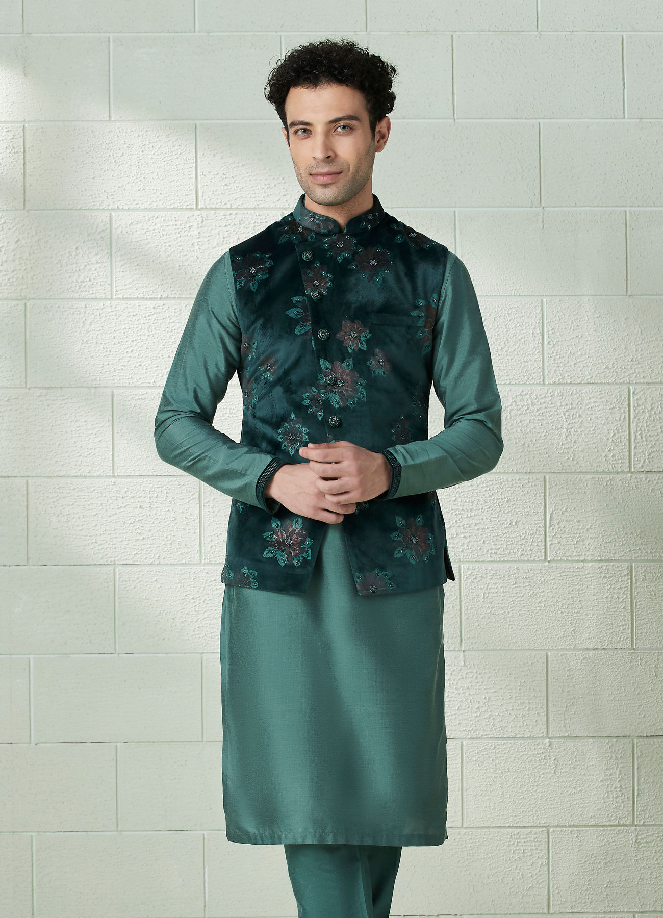 Manyavar Men Moss Green Printed Kurta Jacket Set