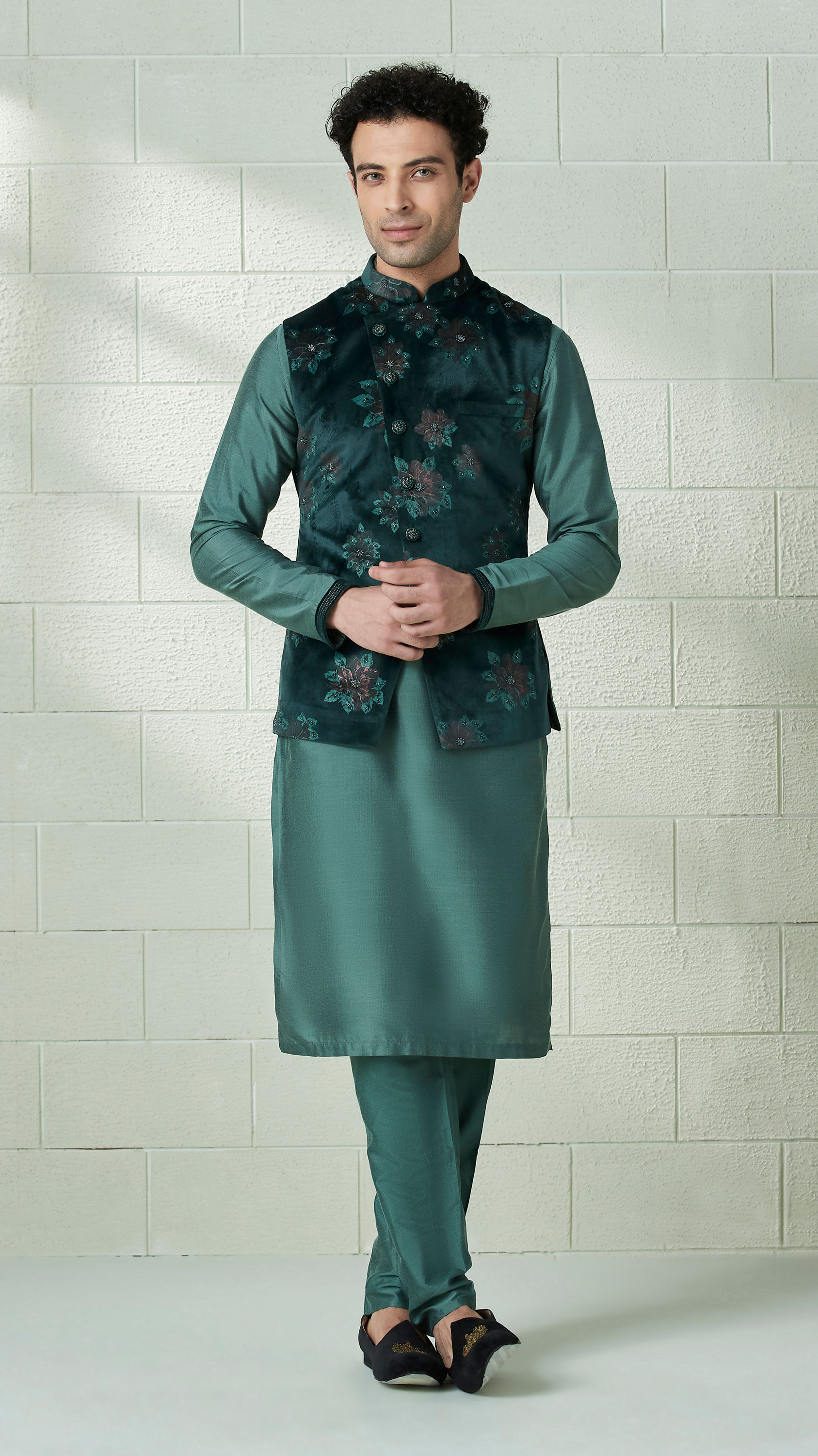 Manyavar Men Moss Green Printed Kurta Jacket Set