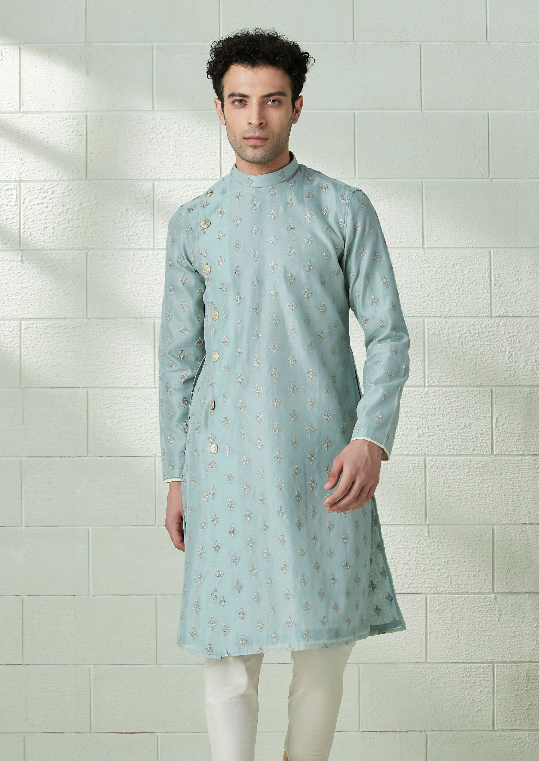 Twamev Men Light Teal Angrakha Style Kurta Set