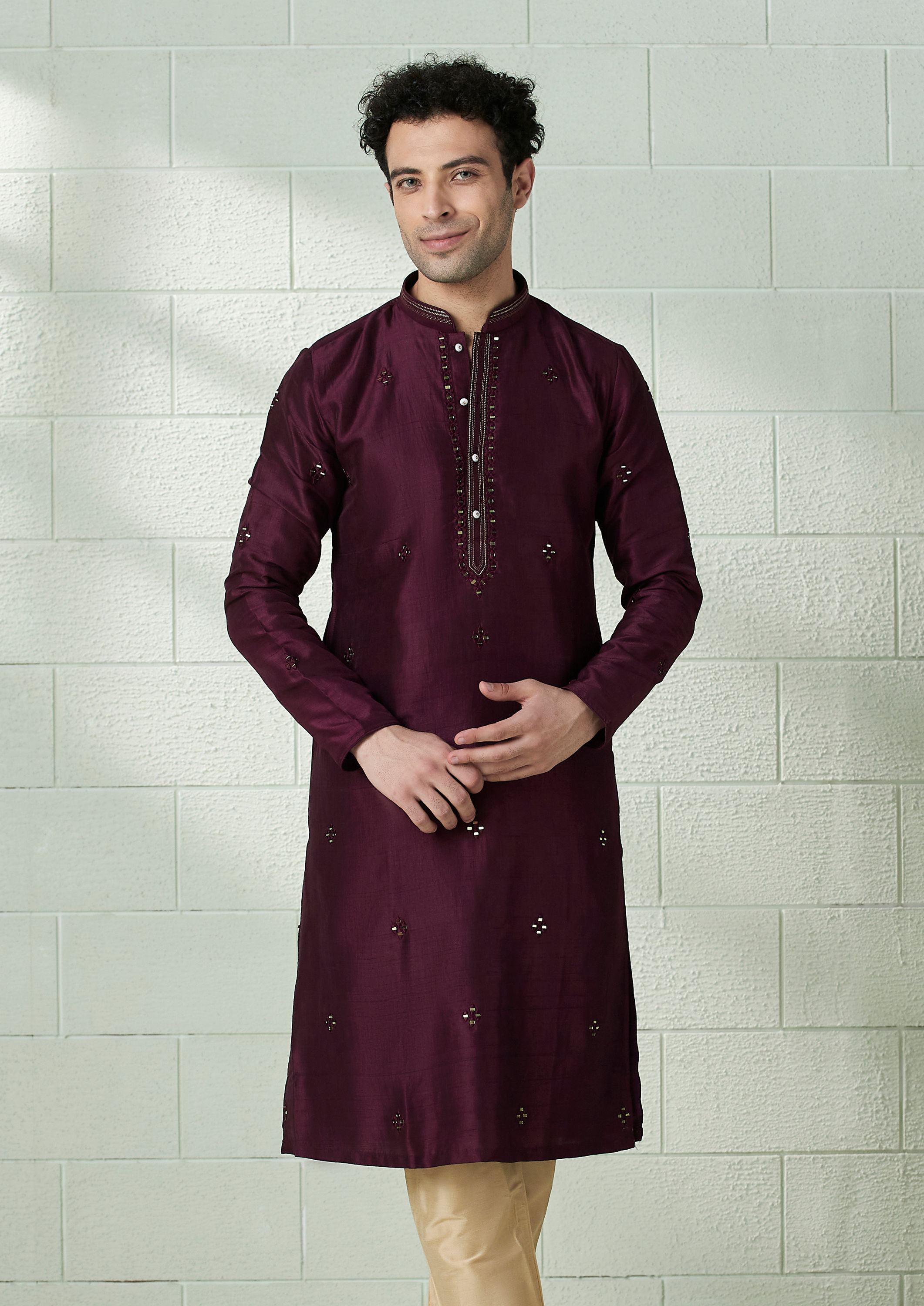 Twamev Men Wine Red Mirror Work Kurta Set