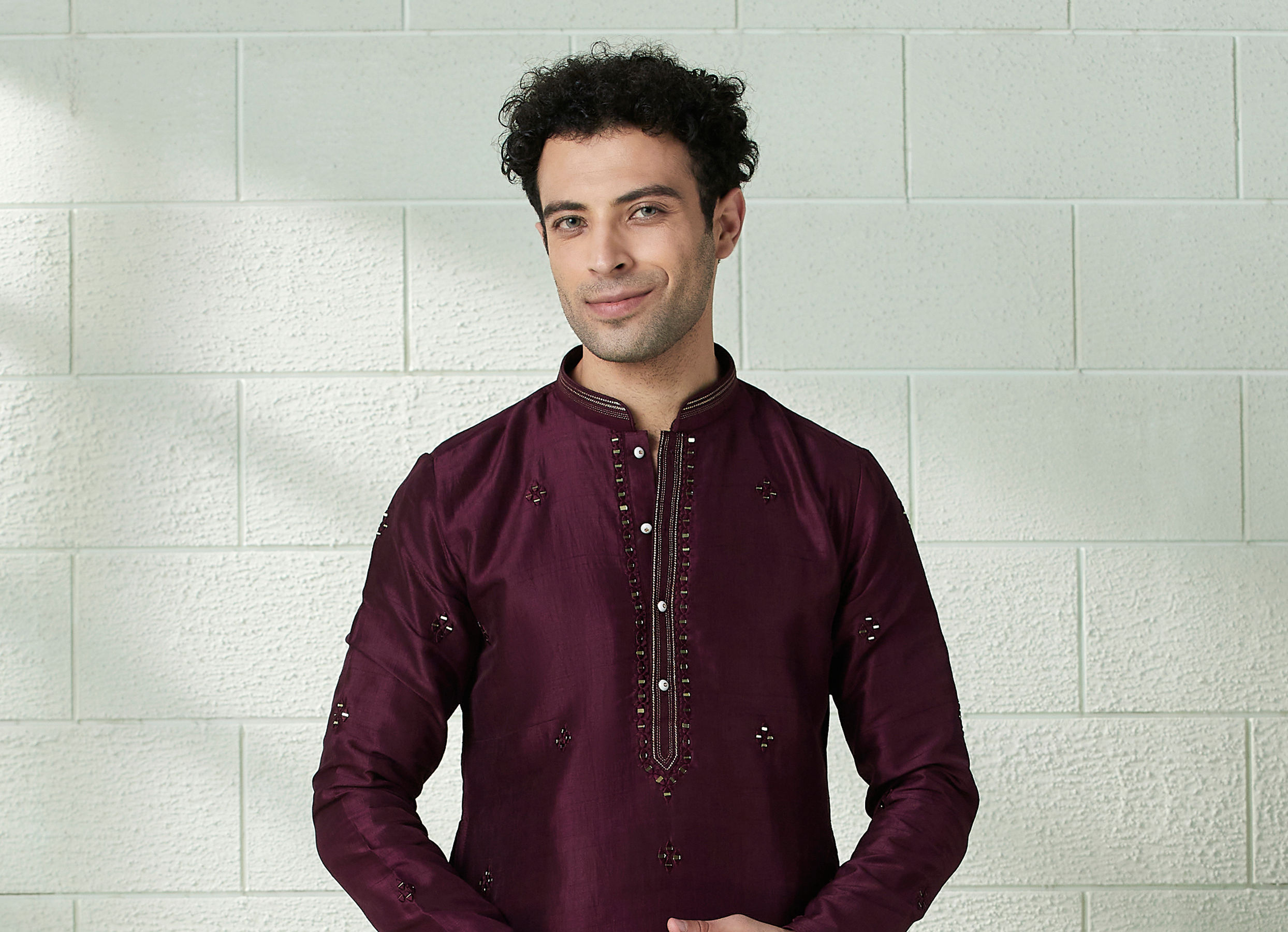 Twamev Men Wine Red Mirror Work Kurta Set