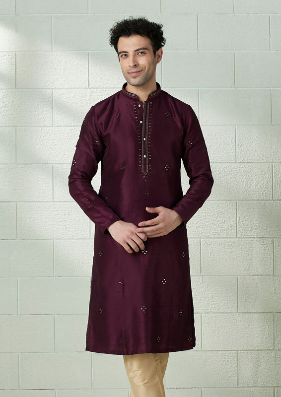 Twamev Men Wine Red Mirror Work Kurta Set