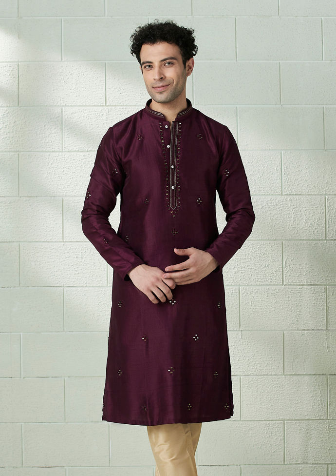 Twamev Men Wine Red Silk Mirror Work Embroidered Kurta Set