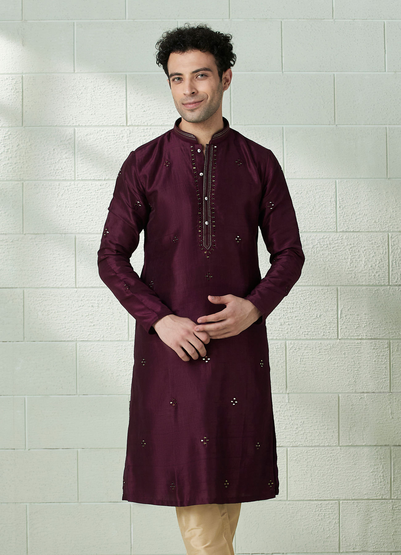 Twamev Men Wine Red Mirror Work Kurta Set