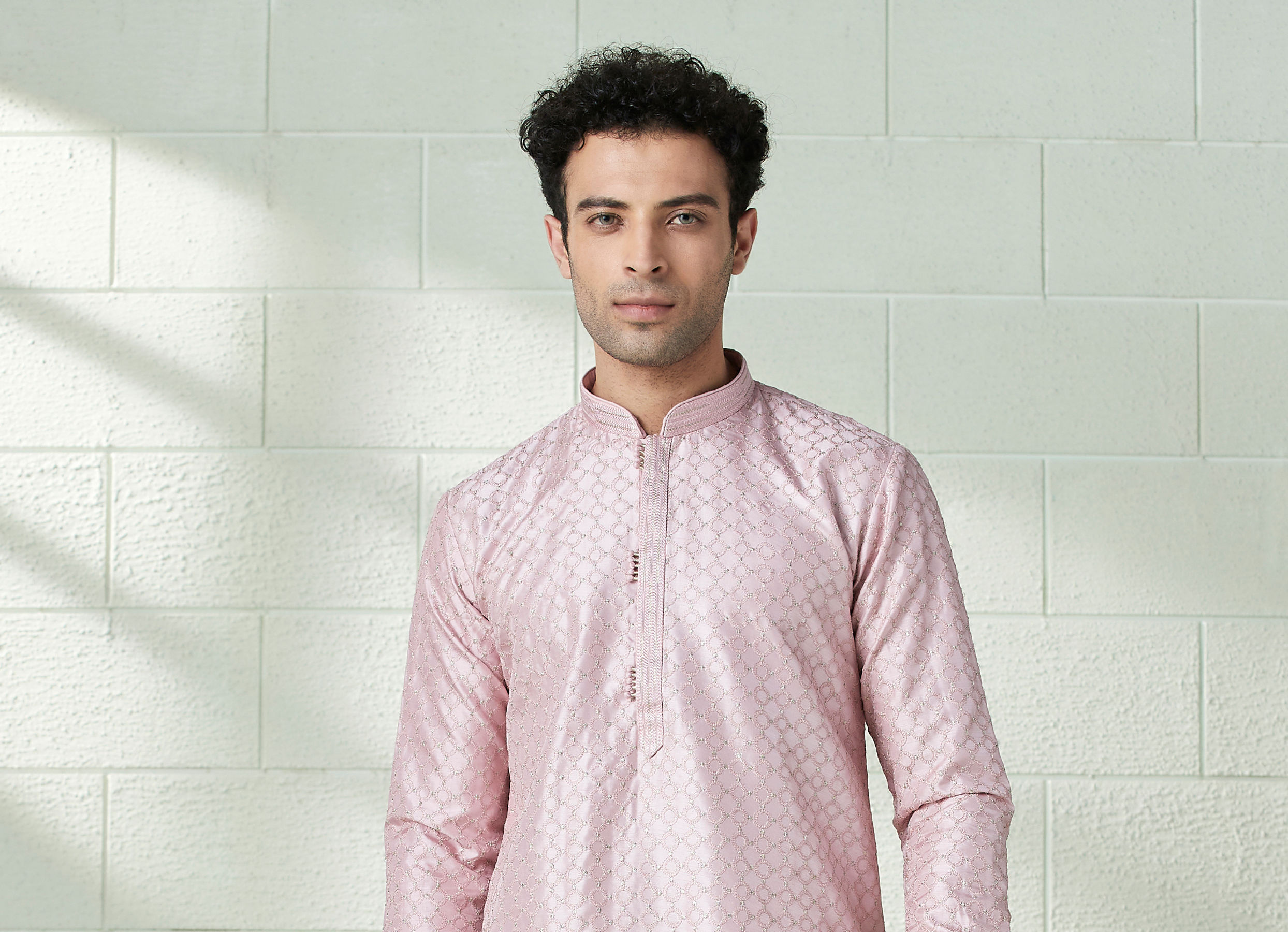 Twamev Men Blush Pink Self Motif Kurta Set