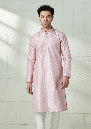 alt message - Twamev Men Blush Pink Self Motif Kurta Set image number 1