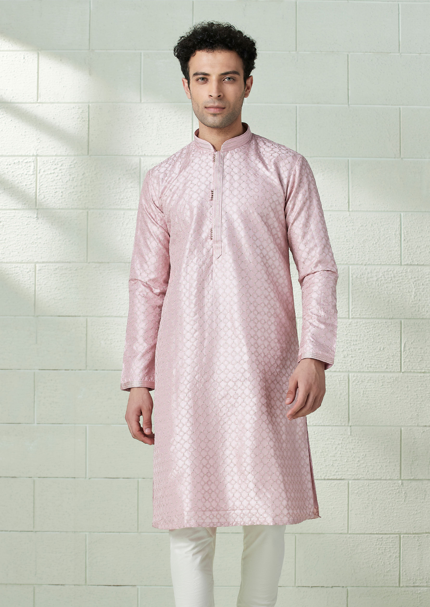 Twamev Men Blush Pink Self Motif Kurta Set image number 1