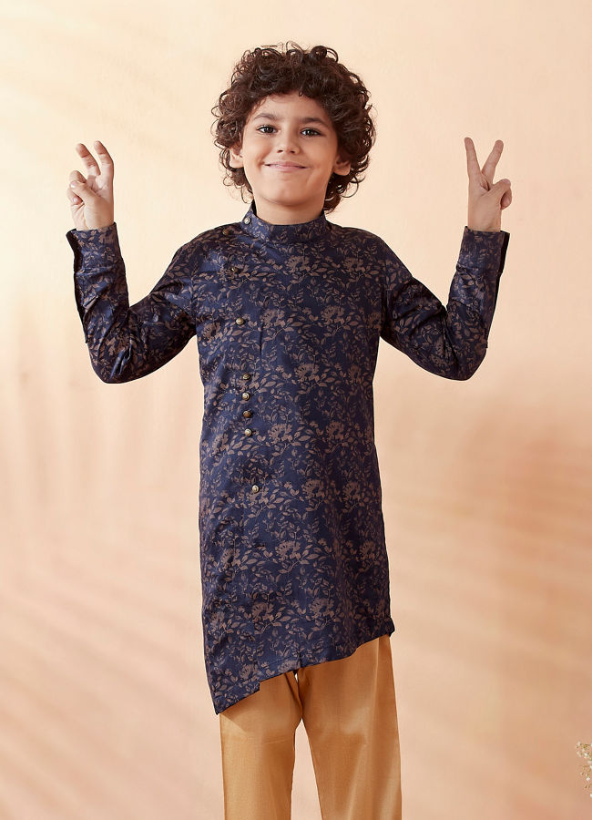 Manyavar Boys Boys Blue Floral Printed Side Open Kurta Set