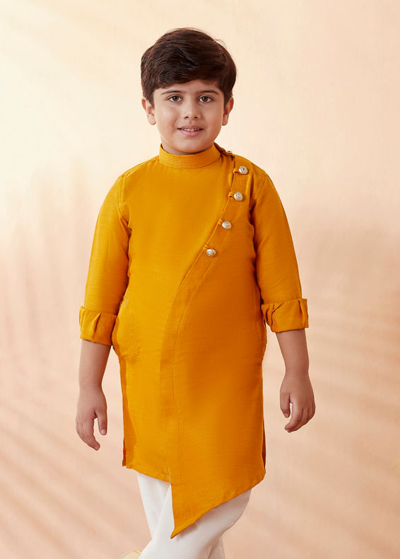 Manyavar Boys Boys Mustard Orange Plain Kurta Set