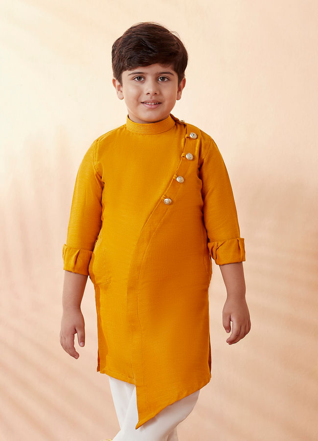 alt message - Manyavar Boys Boys Mustard Orange Plain Kurta Set image number 1