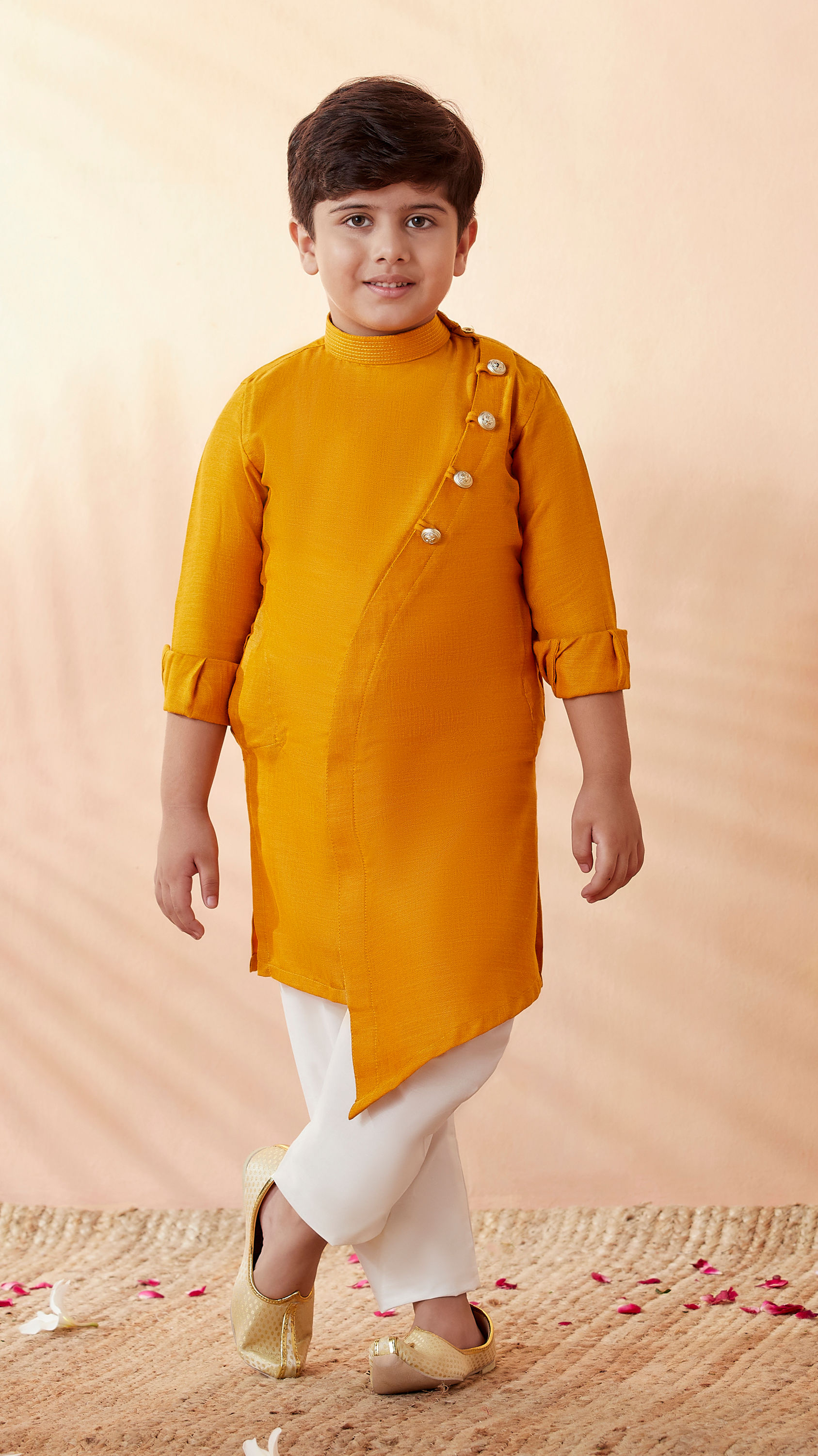 Manyavar Boys Boys Mustard Orange Plain Kurta Set