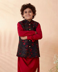 Manyavar Boys Boys Red And Blue Draped Kurta Jacket Set