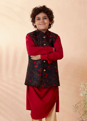 Manyavar Boys Boys Red And Blue Draped Kurta Jacket Set image number 1