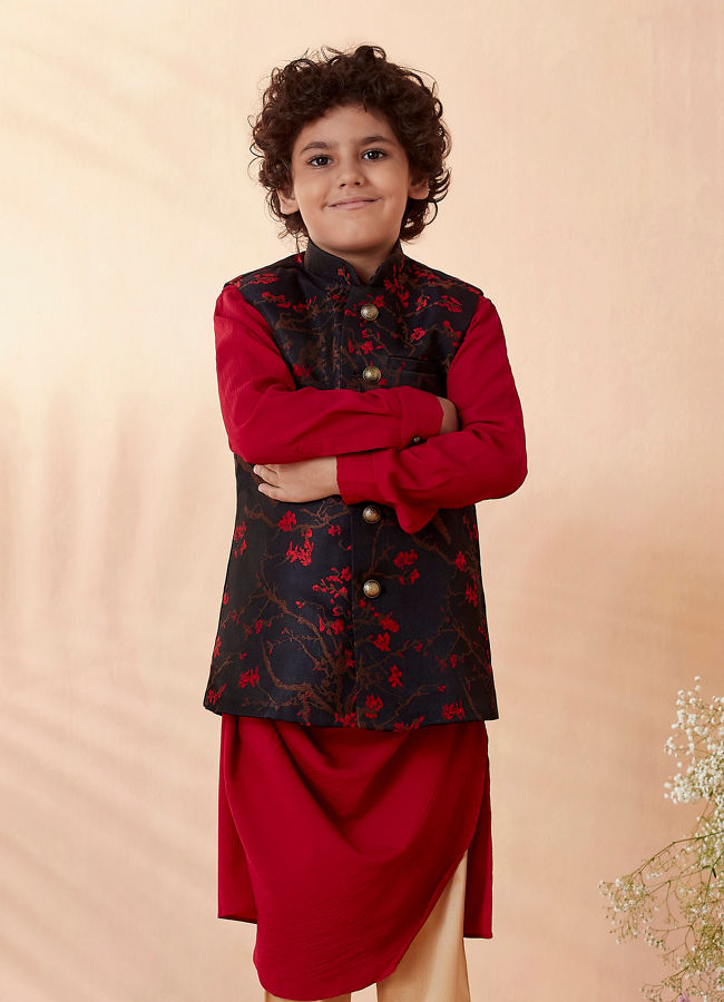 Boys Red And Blue Draped Kurta Jacket Set image number 1