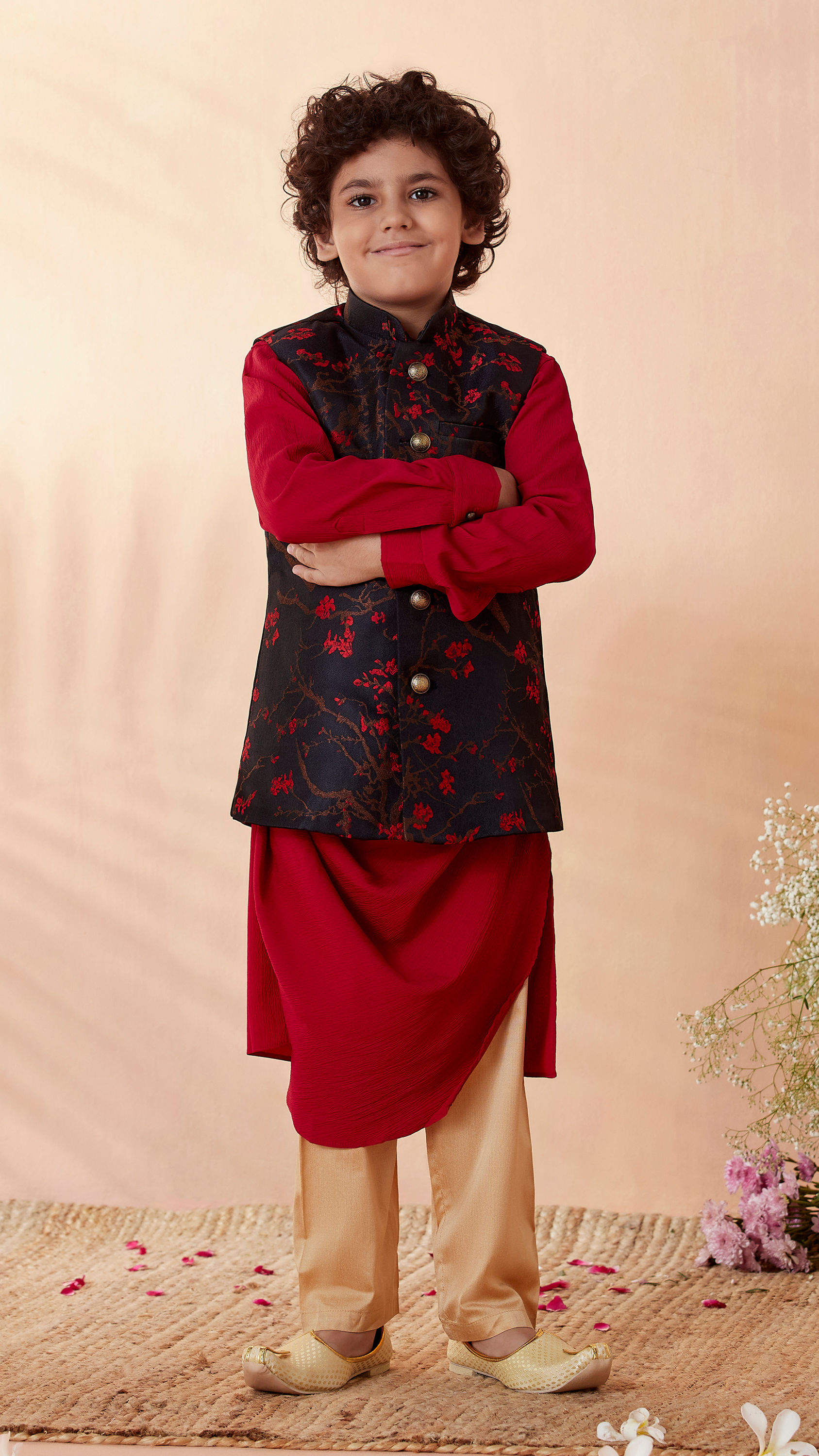 Manyavar Boys Boys Red And Blue Draped Kurta Jacket Set