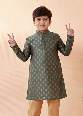 alt message - Manyavar Boys Boys Bottle Green Self Motif Kurta Set image number 1